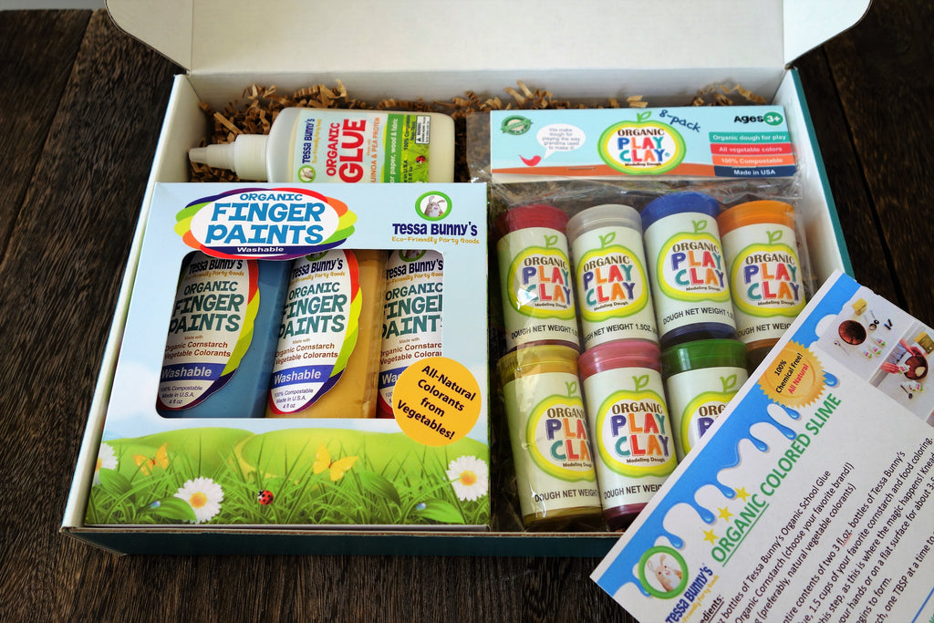 Organic glue, organic finger paints, organic play dough sample kit
