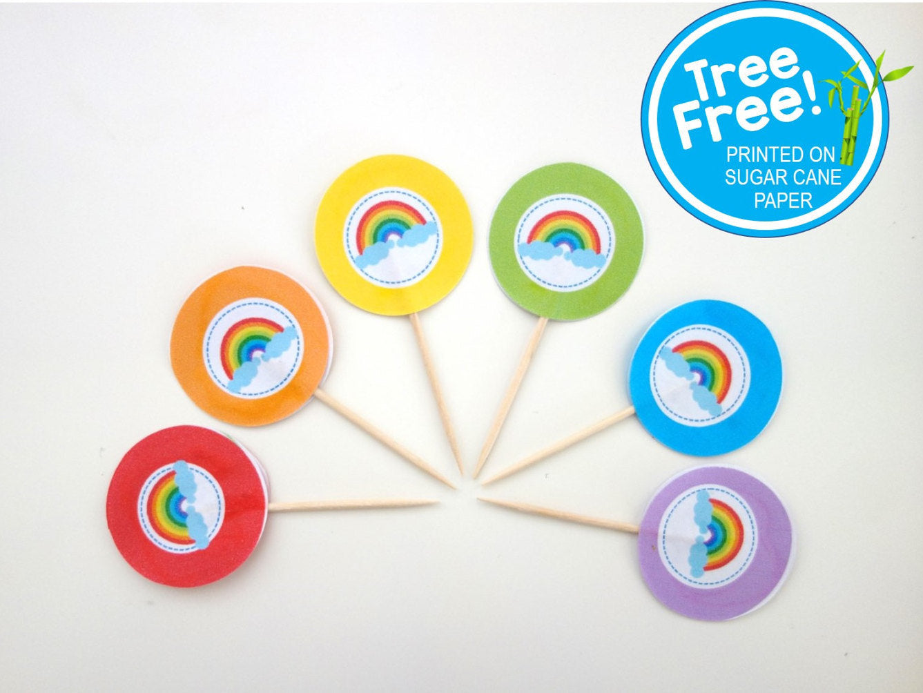 Rainbow Party Picks, 12-pack (Printed on Tree Free Sugar Cane Paper)