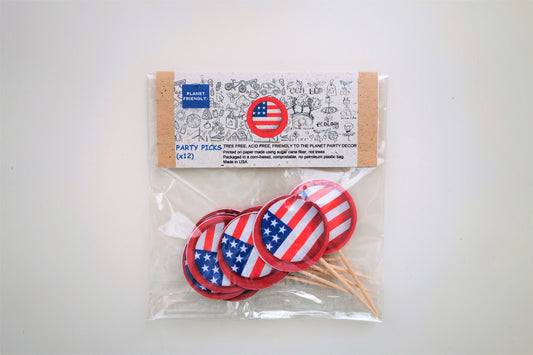 Fourth of July Party Picks, 12-pack (Printed on Tree Free Sugar Cane Paper, Compostable)